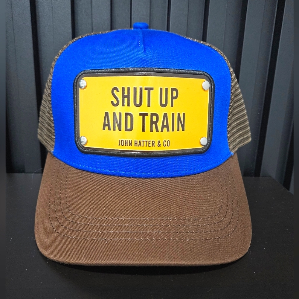 Blue and Brown Trucker Hat with Motivational Patch Unisex